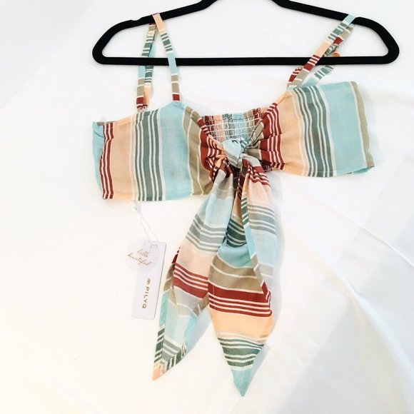 Pilyq Stripe Smocked Mini Skirt +Tie Top Sz XS Beach Cover Up 2Pc Swim Resort - Picture 9 of 12